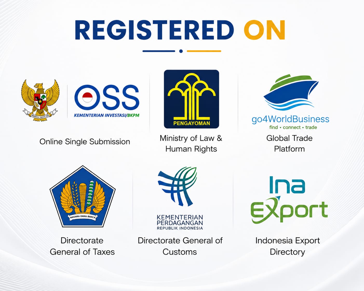 Terdaftar Pada - OSS, Kementerian Investasi/BKPM, Kementerian Hukum dan HAM, go4WorldBusiness, Direktorat Jenderal Pajak, Direktorat Jenderal Bea Cukai, Indonesia Export Directory